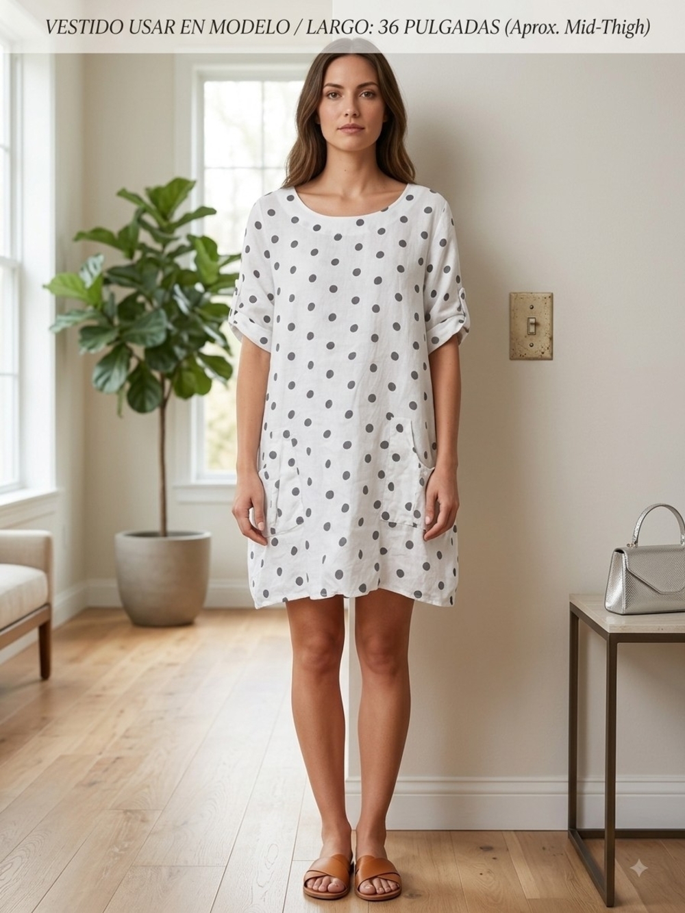 Polka Dot Linen Shift Dress - White with Gray Dots